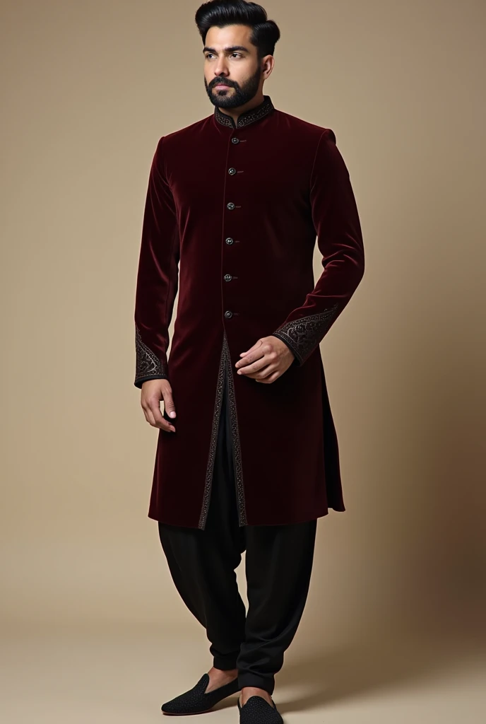 To design a minimalist yet royal and elegant Indian groom outfit in black, maroon, and coffee brown, here’s a concept:
### **Outfit Description:**
1. **Sherwani:**
- **Color:** Deep maroon.
- **Fabric:** Luxurious silk or velvet for a rich feel.
- **Design:** A straight-cut, knee-length sherwani with a minimalist approach. Subtle embroidery in black thread along the collar, cuffs, and front placket. The embroidery should have geometric or floral motifs, staying understated yet sophisticated.
- **Buttons:** Black, handcrafted buttons with a matte finish, adding a modern touch to the traditional attire.
2. **Inner Kurta:**
- **Color:** Coffee brown.
- **Fabric:** Lightweight silk or cotton-silk blend.
- **Design:** A simple, collarless kurta with a slightly longer hemline that peeks out from under the sherwani, adding depth to the outfit.
3. **Churidar Pants:**
- **Color:** Black.
- **Fabric:** Stretchable cotton-silk blend for comfort.
- **Design:** Fitted churidar that complements the regal look without overpowering the sherwani.
4. **Footwear:**
- **Style:** Traditional juttis or mojaris.
- **Color:** Black with maroon detailing or maroon with black detailing.
- **Design:** Subtle embroidery or patterns that match the sherwani’s design.
5. **Accessories:**
- **Turban:** A maroon turban with a black or coffee brown border. You can add a minimalist brooch or pin in gold or silver with a black stone for a touch of elegance.
- **Pocket Square:** A pocket square in coffee brown silk, neatly folded, peeking out of the sherwani’s chest pocket.
- **Watch:** A sleek, black or coffee brown leather-strap watch with a minimalistic design, adding a modern touch to the traditional ensemble.
6. **Beard Grooming:**
- A well-groomed beard, neatly trimmed and shaped to maintain a clean and royal appearance, enhancing the overall look.
### **Summary:**
This outfit is designed to be elegant and royal, while still being minimal