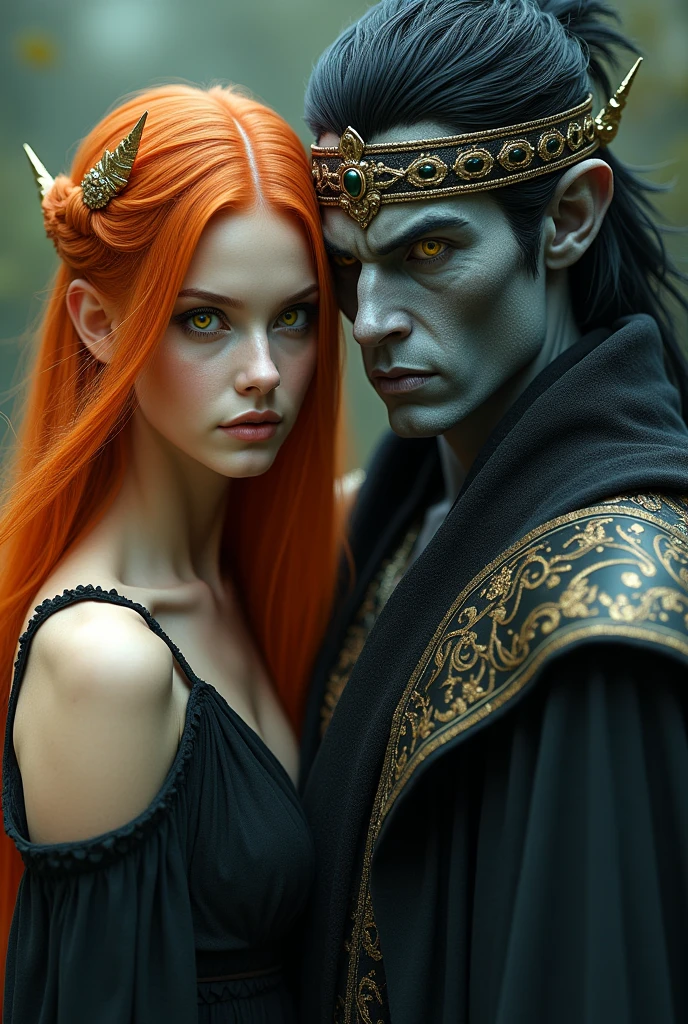 long orange hair,white skin,yellow eyes,black dress human Women.And male Jinn with gray skin,black hair,green eyes,turban and robe,muscular