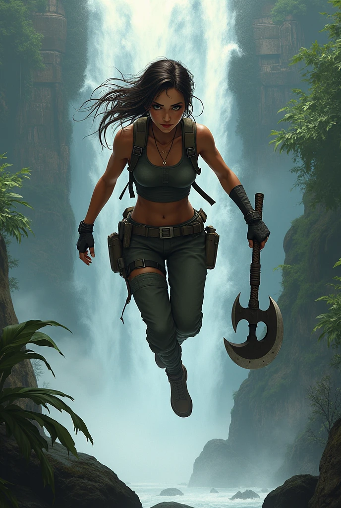 Create a young woman inspired from lady lara croft at tomb rider movie.fully war equipment.Create a young woman inspired from lady lara croft at tomb rider movie holding axe on her two hands She is jumping into the waterfall near a traditional  balinese temple