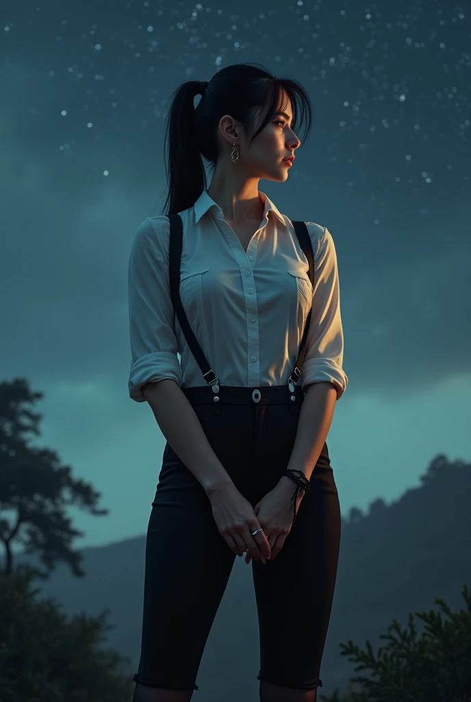 a woman in a suit, belt, hands behind back, sweating, suspenders, black pants, sexly, large breasts, see-through clothing,, detective, office worker, white button-up shirt, (best quality,4K,8k,highres,masterpiece:1.2),ultra-detailed,(realistic,photorealistic,photo-realistic:1.37),hyper-detailed,highly detailed face and body, Slender thin suspenders Moderate breasts See-through shirt Nipples holster chain Pistol Armament criminal Female criminal knife japanese profile Japanese women arrested handcuff Cable tie on thumb The woman has her hands tied、put your hands behind your back、(((I clasped my hands behind my back)))、(((Her wrists are wrapped in rope)))、beauty、20Year、university student、Standing on a hill at night、There are a lot of trees、Beautiful night sky、There are many stars、A strong wind is blowing、Wearing a short-sleeved blouse、Wear a long skirt、Uniform eyes、Balanced、Moderate、Small breasts、Small face、(I can see from head to heel), Black Hair, bangs, Swept bangs, Straight hair, Nervous, Messy Hair, debtloating hair, Cinema Lighting, throw, Nikon, Surrealism, 超High resolution, Highest quality, High resolution, Anatomically correct body、, tachi-e, First Person View, debtrom behind, debt/1.2, 8k, Textured SkinMini Skirt Knee-high garter handcuffs