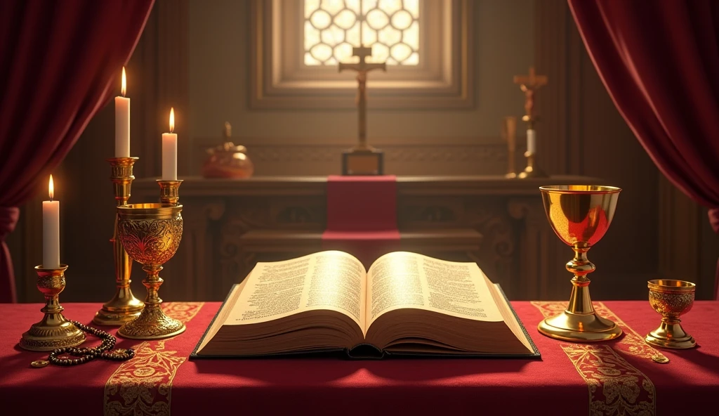 A bible with a golden chalice and other objects faithfully representing the Catholic Church 