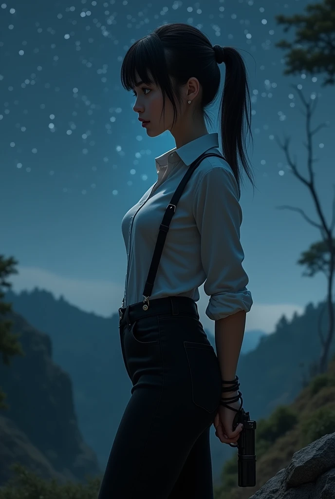a woman in a suit, belt, hands behind back, sweating, suspenders, black pants, sexly, large breasts, see-through clothing,, detective, office worker, white button-up shirt, (best quality,4K,8k,highres,masterpiece:1.2),ultra-detailed,(realistic,photorealistic,photo-realistic:1.37),hyper-detailed,highly detailed face and body, Slender thin suspenders Moderate breasts See-through shirt Nipples holster chain Pistol Armament criminal Female criminal knife japanese profile Japanese women arrested handcuff Cable tie on thumb The woman has her hands tied、put your hands behind your back、(((I clasped my hands behind my back)))、(((Her wrists are wrapped in rope)))、beauty、20Year、university student、Standing on a hill at night、There are a lot of trees、Beautiful night sky、There are many stars、A strong wind is blowing、Wearing a short-sleeved blouse、Wear a long skirt、Uniform eyes、Balanced、Moderate、Small breasts、Small face、(I can see from head to heel), Black Hair, bangs, Swept bangs, Straight hair, Nervous, Messy Hair, debtloating hair, Cinema Lighting, throw, Nikon, Surrealism, 超High resolution, Highest quality, High resolution, Anatomically correct body、, tachi-e, First Person View, debtrom behind, debt/1.2, 8k, Textured SkinMini Skirt Knee-high garter handcuffs