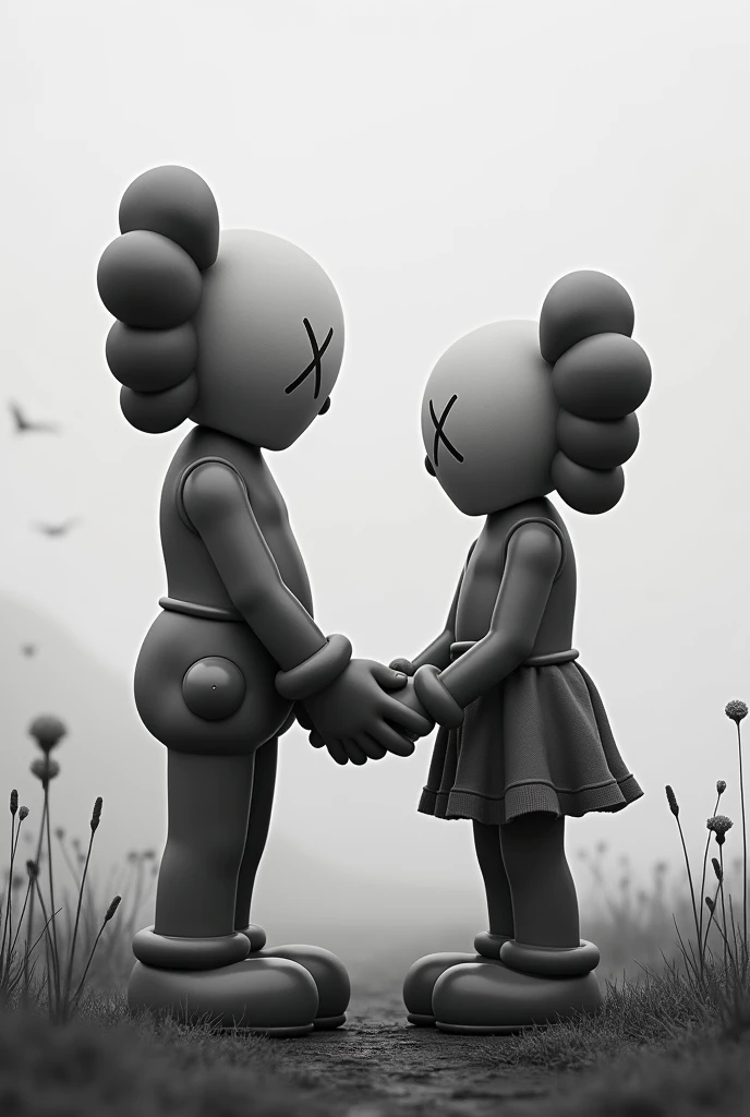 er realistic white and black kaws in distance hold the hand each other in love