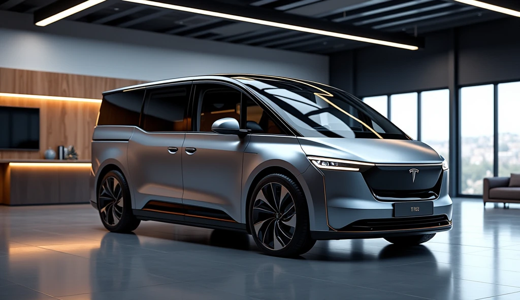 showroom park a ((MPV Van mixed with tesla)), with modern electric car design, double cabin, image luck like real and room note a luxury