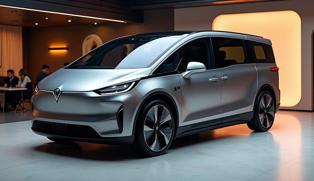 showroom park a ((MPV Van mixed with tesla)), with modern electric car design, double cabin, image luck like real and room note a luxury