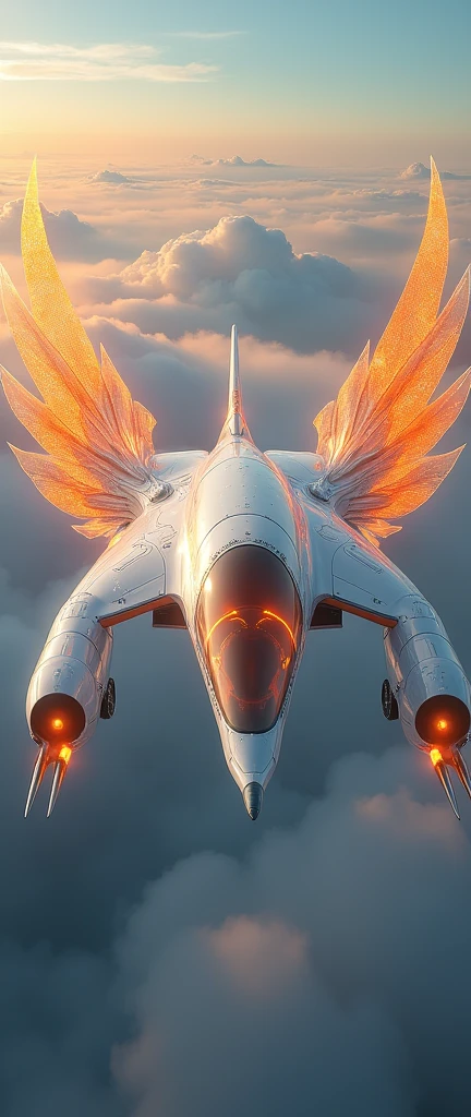 a phoenix airplane macha from white metal, soaring on the sky, metal reflection body, cinematic lighting, spreading the wings and gliding, gliding pose, glowing orange eyes, glowing steel orange wings, glowing steel orange tails, iron claw, bright color, morning glory cloud background, highly detailed, futurism, sci-fi theme