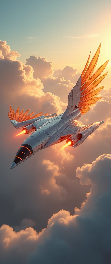 a phoenix airplane macha from white metal, soaring on the sky, metal reflection body, cinematic lighting, spreading the wings and gliding, gliding pose, glowing orange eyes, glowing steel orange wings, glowing steel orange tails, iron claw, bright color, morning glory cloud background, highly detailed, futurism, sci-fi theme