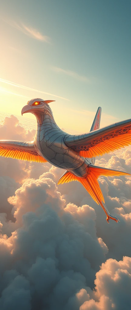 a phoenix airplane macha from white metal, soaring on the sky, metal reflection body, cinematic lighting, spreading the wings and gliding, gliding pose, glowing orange eyes, glowing steel orange wings, glowing steel orange tails, iron claw, bright color, morning glory cloud background, highly detailed, futurism, sci-fi theme