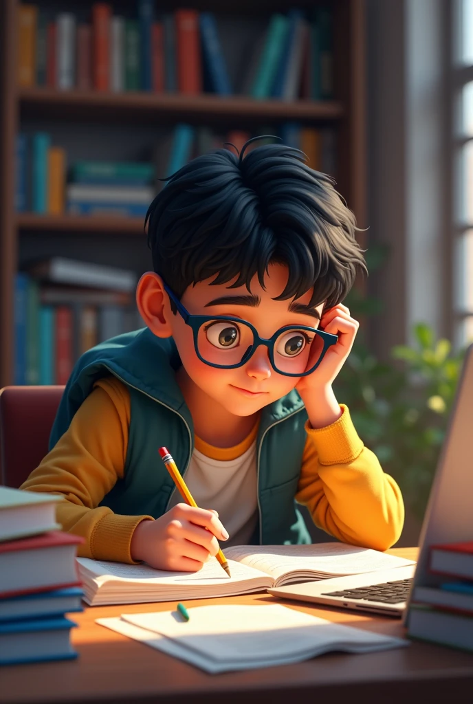 A boy wearing glasses studying for his neet exam 2026 and he was studying hard