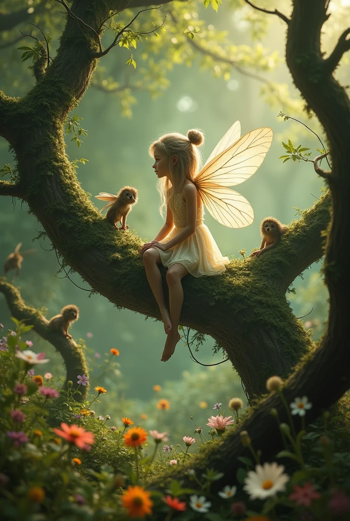 Forest Fairy,Mysterious girl,wood々In the thick forest,光に包まれた幾人もの妖精がwoodの枝に座っている,Mysterious Mysterious,Vibrant wildflowers blooming in the forest,Fantasy,Exquisite atmosphere,Masterpiece,Highest quality,Detailed anime art,Digital Art,