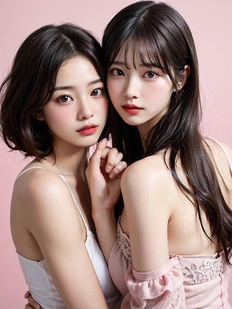 Best Quality、wonderful、Intricate details、Fine details、Depth of written boundary、Highest quality、Very detailed、High resolution、超High resolution、Detailed Shadows、Surreal、Realistically、Dramatic Lighting、（2 persons）、( 2girl)、Fine details、Detailed Faces、Detailed eyes、Realistic Skin、Bust-up angle、Beautiful shoulders、Off-the-shoulder dress、Zoom out、Soft curl hairstyle、Korean Idol、Realistic eyes、Beautiful eyelashes、High resolutionの顔、Pink Background、20-year-old、C cup breasts、Natural color lip