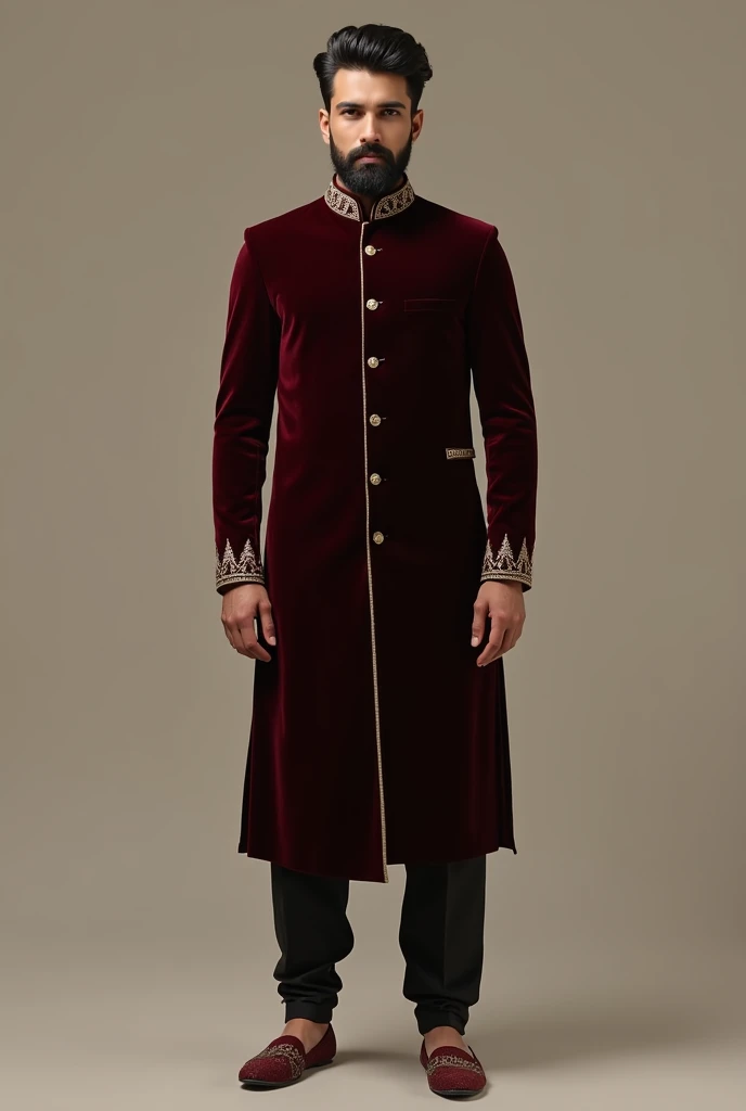 To design a minimalist yet royal and elegant Indian groom outfit in black, maroon, and coffee brown, here’s a concept:

### **Outfit Description:**

1. **Sherwani:**
   - **Color:** Deep maroon.
   - **Fabric:** Luxurious silk or velvet for a rich feel.
   - **Design:** A straight-cut, knee-length sherwani with a minimalist approach. Subtle embroidery in black thread along the collar, cuffs, and front placket. The embroidery should have geometric or floral motifs, staying understated yet sophisticated.
   - **Buttons:** Black, handcrafted buttons with a matte finish, adding a modern touch to the traditional attire.

2. **Inner Kurta:**
   - **Color:** Coffee brown.
   - **Fabric:** Lightweight silk or cotton-silk blend.
   - **Design:** A simple, collarless kurta with a slightly longer hemline that peeks out from under the sherwani, adding depth to the outfit.

3. **Churidar Pants:**
   - **Color:** Black.
   - **Fabric:** Stretchable cotton-silk blend for comfort.
   - **Design:** Fitted churidar that complements the regal look without overpowering the sherwani.

4. **Footwear:**
   - **Style:** Traditional juttis or mojaris.
   - **Color:** Black with maroon detailing or maroon with black detailing.
   - **Design:** Subtle embroidery or patterns that match the sherwani’s design.

5. **Accessories:**
   - **Turban:** A maroon turban with a black or coffee brown border. You can add a minimalist brooch or pin in gold or silver with a black stone for a touch of elegance.
   - **Pocket Square:** A pocket square in coffee brown silk, neatly folded, peeking out of the sherwani’s chest pocket.
   - **Watch:** A sleek, black or coffee brown leather-strap watch with a minimalistic design, adding a modern touch to the traditional ensemble.

6. **Beard Grooming:**
   - A well-groomed beard, neatly trimmed and shaped to maintain a clean and royal appearance, enhancing the overall look.

### **Summary:**
This outfit is designed to be elegant and royal, while still being minimal