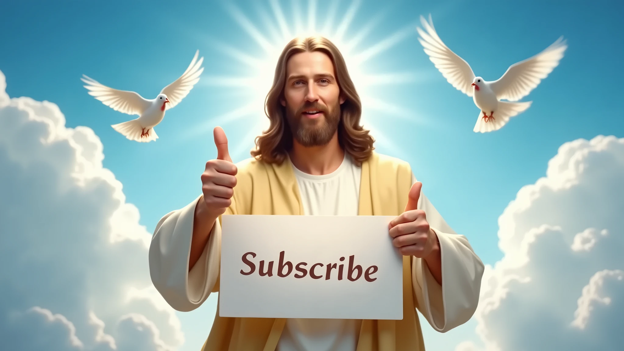 THUMBNAIL for youtube jesus giving a thumbs up with a sign saying subscribe in his hands being illuminated with a background of blue sky and clouds and white doves