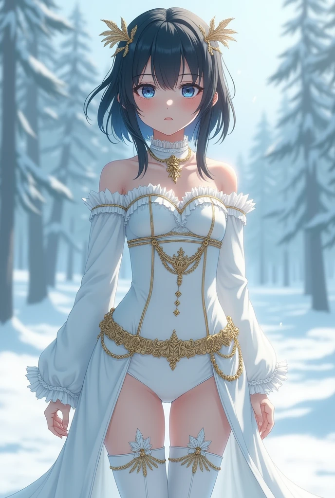 A beautiful Japanese girl、The morning of decision、Cute beautiful girl、Serious expression、Round face、Her eyes are big、Cute with droopy eyes.、whole bodyまっ白のゴスファッション、Intricate gold decoration、gold garter belt、White knee-high socks、The background is a light blue snowy landscape、high quality, Realistic photo-like、whole body、Standing posture