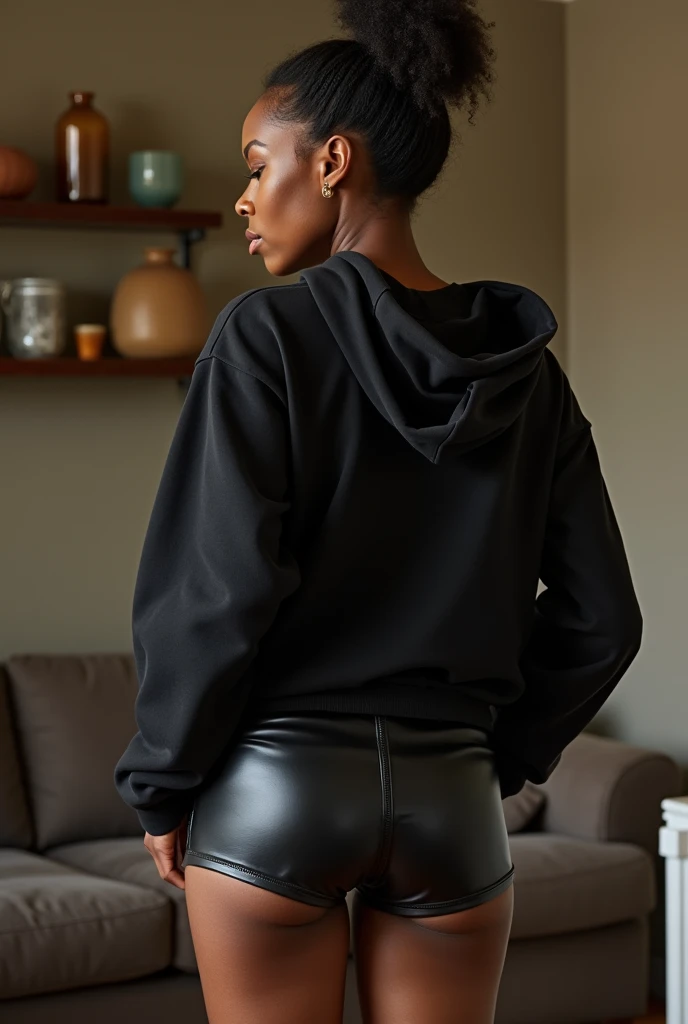 black woman hair in a bun black hoodie black leather short shorts being fucked in the ass by a old grandma in a dress