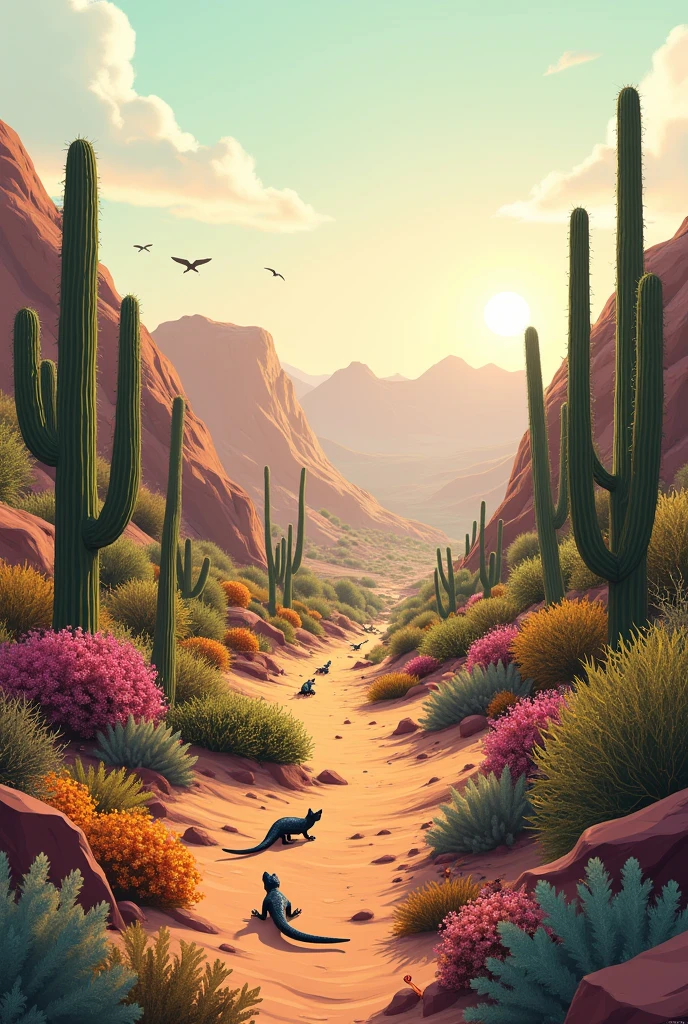 Focus on the unique life forms that thrive in the desert. Include cacti, small shrubs, desert flowers in bloom, and animals like lizards, snakes, or desert foxes. This scene could be set at dawn when the animals are most active, with the soft light creating a serene atmosphere.