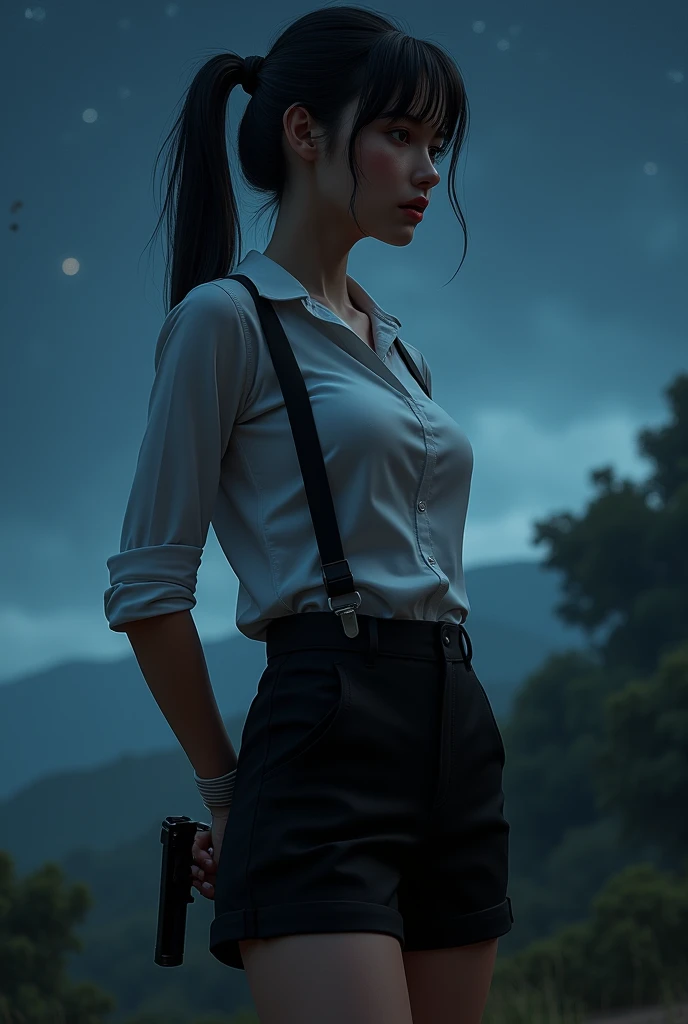 a woman in a suit, belt, hands behind back, sweating, suspenders, black pants, sexly, large breasts, see-through clothing,, detective, office worker, white button-up shirt, (best quality,4K,8k,highres,masterpiece:1.2),ultra-detailed,(realistic,photorealistic,photo-realistic:1.37),hyper-detailed,highly detailed face and body, Slender thin suspenders Moderate breasts See-through shirt Nipples holster chain Pistol Armament criminal Female criminal knife japanese profile Japanese women arrested handcuff Cable tie on thumb The woman has her hands tied、put your hands behind your back、(((I clasped my hands behind my back)))、(((Her wrists are wrapped in rope)))、beauty、20Year、university student、Standing on a hill at night、There are a lot of trees、Beautiful night sky、There are many stars、A strong wind is blowing、Wearing a short-sleeved blouse、Wear a long skirt、Uniform eyes、Balanced、Moderate、Small breasts、Small face、(I can see from head to heel), Black Hair, bangs, Swept bangs, Straight hair, Nervous, Messy Hair, debtloating hair, Cinema Lighting, throw, Nikon, Surrealism, 超High resolution, Highest quality, High resolution, Anatomically correct body、, tachi-e, First Person View, debtrom behind, debt/1.2, 8k, Textured SkinMini Skirt Knee-high garter handcuffs