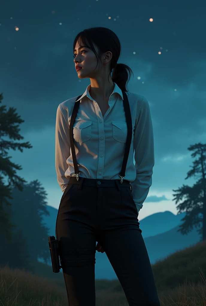 a woman in a suit, belt, hands behind back, sweating, suspenders, black pants, sexly, large breasts, see-through clothing,, detective, office worker, white button-up shirt, (best quality,4K,8k,highres,masterpiece:1.2),ultra-detailed,(realistic,photorealistic,photo-realistic:1.37),hyper-detailed,highly detailed face and body, Slender thin suspenders Moderate breasts See-through shirt Nipples holster chain Pistol Armament criminal Female criminal knife japanese profile Japanese women arrested handcuff Cable tie on thumb The woman has her hands tied、put your hands behind your back、(((I clasped my hands behind my back)))、(((Her wrists are wrapped in rope)))、beauty、20Year、university student、Standing on a hill at night、There are a lot of trees、Beautiful night sky、There are many stars、A strong wind is blowing、Wearing a short-sleeved blouse、Wear a long skirt、Uniform eyes、Balanced、Moderate、Small breasts、Small face、(I can see from head to heel), Black Hair, bangs, Swept bangs, Straight hair, Nervous, Messy Hair, debtloating hair, Cinema Lighting, throw, Nikon, Surrealism, 超High resolution, Highest quality, High resolution, Anatomically correct body、, tachi-e, First Person View, debtrom behind, debt/1.2, 8k, Textured SkinMini Skirt Knee-high garter handcuffs