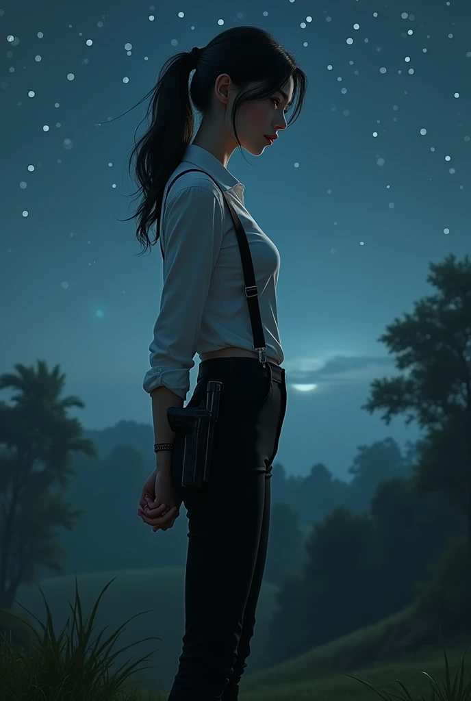 a woman in a suit, belt, hands behind back, sweating, suspenders, black pants, sexly, large breasts, see-through clothing,, detective, office worker, white button-up shirt, (best quality,4K,8k,highres,masterpiece:1.2),ultra-detailed,(realistic,photorealistic,photo-realistic:1.37),hyper-detailed,highly detailed face and body, Slender　thin　suspenders　Moderate breasts　See-through shirt　Nipples　holster　chain　Pistol　Armament　criminal　Female criminal　knife　japanese　profile　Japanese women　arrested handcuff　Cable tie on thumb　The woman has her hands tied、put your hands behind your back、(((I clasped my hands behind my back)))、(((Her wrists are wrapped in rope)))、beauty、２０Year、university student、Standing on a hill at night、There are a lot of trees、Beautiful night sky、There are many stars、A strong wind is blowing、Wearing a short-sleeved blouse、Wear a long skirt、Uniform eyes、Balanced、Moderate、Small breasts、Small face、(I can see from head to heel), Black Hair, bangs, Swept bangs, Straight hair, Nervous, Messy Hair, debtloating hair, Cinema Lighting, throw, Nikon, Surrealism, 超High resolution, Highest quality, High resolution, Anatomically correct body、, tachi-e, First Person View, debtrom behind, debt/1.2, 8k, Textured SkinMini Skirt　Knee-high　garter　handcuffs
