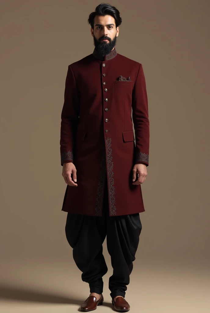 To design a minimalist yet royal and elegant Indian groom outfit in black, maroon, and coffee brown, here’s a concept:
### **Outfit Description:**
1. **Sherwani:**
- **Color:** Deep maroon.
- **Fabric:** Luxurious silk or velvet for a rich feel.
- **Design:** A straight-cut, knee-length sherwani with a minimalist approach. Subtle embroidery in black thread along the collar, cuffs, and front placket. The embroidery should have geometric or floral motifs, staying understated yet sophisticated.
- **Buttons:** Black, handcrafted buttons with a matte finish, adding a modern touch to the traditional attire.
2. **Inner Kurta:**
- **Color:** Coffee brown.
- **Fabric:** Lightweight silk or cotton-silk blend.
- **Design:** A simple, collarless kurta with a slightly longer hemline that peeks out from under the sherwani, adding depth to the outfit.
3. **Churidar Pants:**
- **Color:** Black.
- **Fabric:** Stretchable cotton-silk blend for comfort.
- **Design:** Fitted churidar that complements the regal look without overpowering the sherwani.
4. **Footwear:**
- **Style:** Traditional juttis or mojaris.
- **Color:** Black with maroon detailing or maroon with black detailing.
- **Design:** Subtle embroidery or patterns that match the sherwani’s design.
5. **Accessories:**
- **Turban:** A maroon turban with a black or coffee brown border. You can add a minimalist brooch or pin in gold or silver with a black stone for a touch of elegance.
- **Pocket Square:** A pocket square in coffee brown silk, neatly folded, peeking out of the sherwani’s chest pocket.
- **Watch:** A sleek, black or coffee brown leather-strap watch with a minimalistic design, adding a modern touch to the traditional ensemble.
6. **Beard Grooming:**
- A well-groomed beard, neatly trimmed and shaped to maintain a clean and royal appearance, enhancing the overall look.
### **Summary:**
This outfit is designed to be elegant and royal, while still being minimal