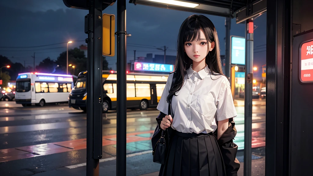 a teenage girl with long straight black hair, wearing white shirt and black pleated skirt, standing in front of the bus stop in campus in the evening after rain