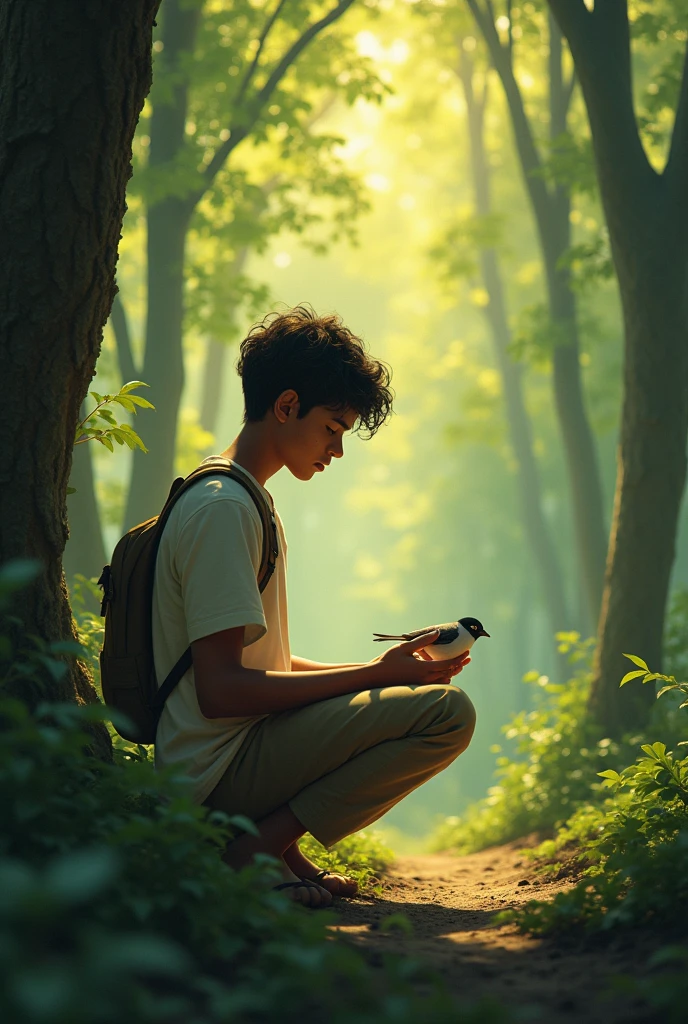 "Inside the quiet forest near the village, Rahul discovers an injured bird with a hurt wing lying on the ground. The bird looks fragile, and Rahul, filled with concern, gently picks it up. The forest is dense with tall trees and soft sunlight filtering through the leaves."
