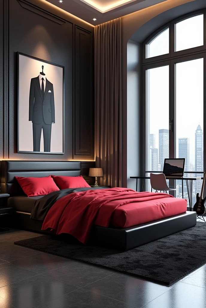 Professional 3d architecture rendering design of modern girl teenage room with modern dark bed with red blanket and sheets and modern red glassy makeup table and glassy chairand glassy black gitar And modern windows and beautiful and modern painting wall with tailor suieft picture on the wall and modern windows and showing complete bed room and light gray stone for floor and elegant dark carpet
