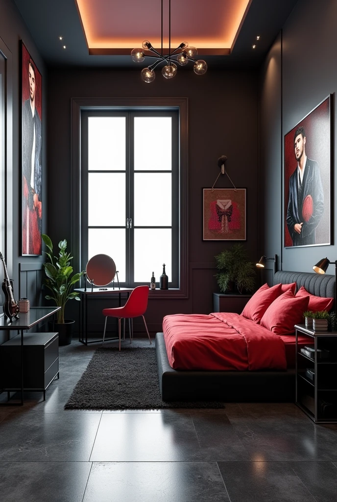 Professional 3d architecture rendering design of modern girl teenage room with modern dark bed with red blanket and sheets and modern red glassy makeup table and glassy chairand glassy black gitar And modern windows and beautiful and modern painting wall with tailor suieft picture on the wall and modern windows and showing complete bed room and light gray stone for floor and elegant dark carpet