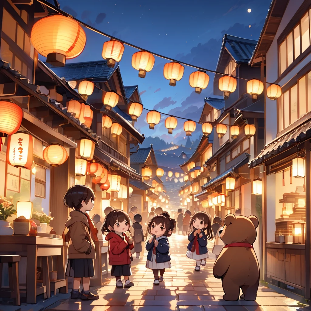 Chibi Cute, Brown bear character,evening、Children gather in the town lit by lanterns。