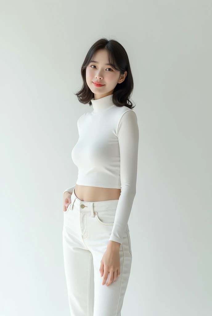a cute woman standing in front of a white wall, trending on cg society, realism, in white turtleneck shirt and white jeans, young and cute girl, tight shirt, white outline, white background!!!!!!!!!!, 1 girl, milky white skin,, with backlight, slim waist, high collar
