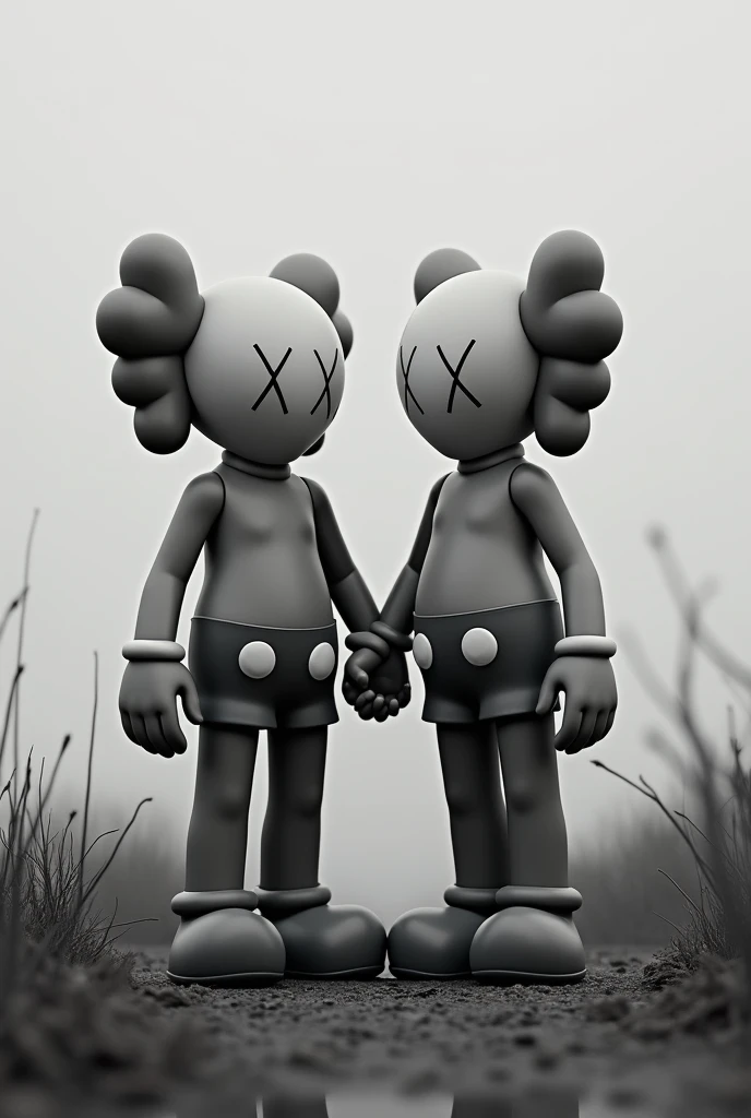 er realistic white and black kaws in distance hold the hand each other in love