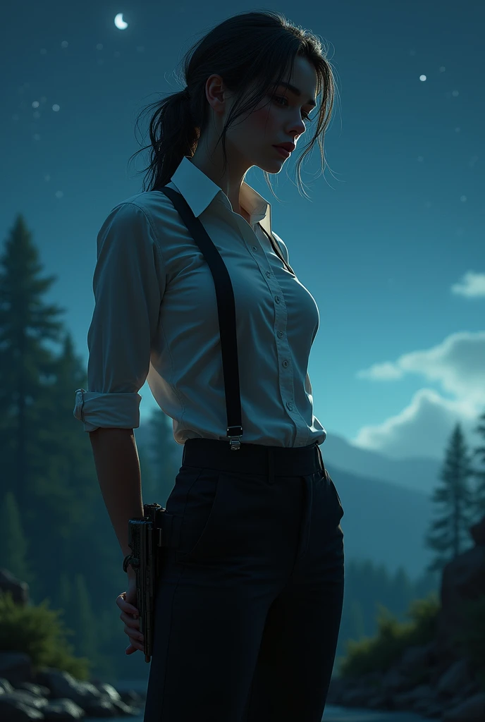 a woman in a suit, belt, hands behind back, sweating, suspenders, black pants, sexly, large breasts, see-through clothing,, detective, office worker, white button-up shirt, (best quality,4K,8k,highres,masterpiece:1.2),ultra-detailed,(realistic,photorealistic,photo-realistic:1.37),hyper-detailed,highly detailed face and body, Slender thin suspenders Moderate breasts See-through shirt Nipples holster chain Pistol Armament criminal Female criminal knife japanese profile Japanese women arrested handcuff Cable tie on thumb The woman has her hands tied、put your hands behind your back、(((I clasped my hands behind my back)))、(((Her wrists are wrapped in rope)))、beauty、20Year、university student、Standing on a hill at night、There are a lot of trees、Beautiful night sky、There are many stars、A strong wind is blowing、Wearing a short-sleeved blouse、Wear a long skirt、Uniform eyes、Balanced、Moderate、Small breasts、Small face、(I can see from head to heel), Black Hair, bangs, Swept bangs, Straight hair, Nervous, Messy Hair, debtloating hair, Cinema Lighting, throw, Nikon, Surrealism, 超High resolution, Highest quality, High resolution, Anatomically correct body、, tachi-e, First Person View, debtrom behind, debt/1.2, 8k, Textured SkinMini Skirt Knee-high garter handcuffs