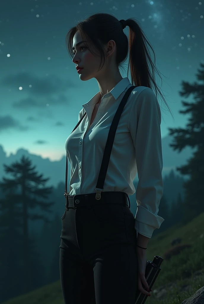 a woman in a suit, belt, hands behind back, sweating, suspenders, black pants, sexly, large breasts, see-through clothing,, detective, office worker, white button-up shirt, (best quality,4K,8k,highres,masterpiece:1.2),ultra-detailed,(realistic,photorealistic,photo-realistic:1.37),hyper-detailed,highly detailed face and body, Slender　thin　suspenders　Moderate breasts　See-through shirt　Nipples　holster　chain　Pistol　Armament　criminal　Female criminal　knife　japanese　profile　Japanese women　arrested handcuff　Cable tie on thumb　The woman has her hands tied、put your hands behind your back、(((I clasped my hands behind my back)))、(((Her wrists are wrapped in rope)))、beauty、２０Year、university student、Standing on a hill at night、There are a lot of trees、Beautiful night sky、There are many stars、A strong wind is blowing、Wearing a short-sleeved blouse、Wear a long skirt、Uniform eyes、Balanced、Moderate、Small breasts、Small face、(I can see from head to heel), Black Hair, bangs, Swept bangs, Straight hair, Nervous, Messy Hair, debtloating hair, Cinema Lighting, throw, Nikon, Surrealism, 超High resolution, Highest quality, High resolution, Anatomically correct body、, tachi-e, First Person View, debtrom behind, debt/1.2, 8k, Textured SkinMini Skirt　Knee-high　garter　handcuffs
