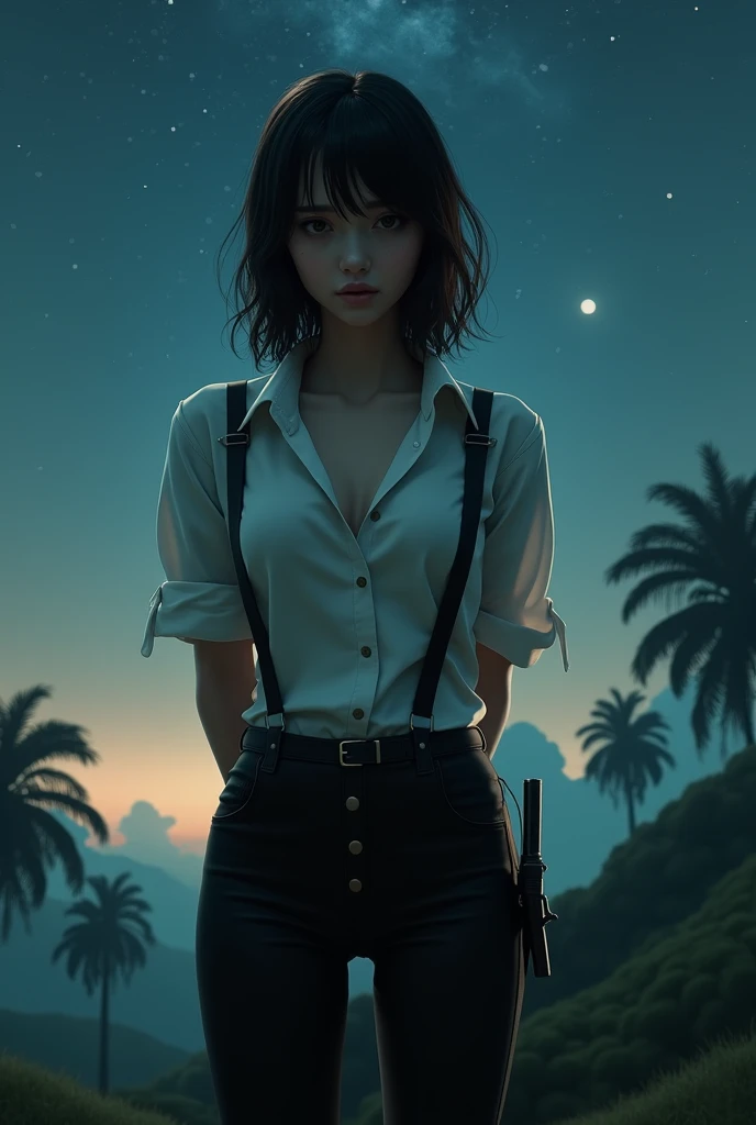a woman in a suit, belt, hands behind back, sweating, suspenders, black pants, sexly, large breasts, see-through clothing,, detective, office worker, white button-up shirt, (best quality,4K,8k,highres,masterpiece:1.2),ultra-detailed,(realistic,photorealistic,photo-realistic:1.37),hyper-detailed,highly detailed face and body, Slender　thin　suspenders　Moderate breasts　See-through shirt　Nipples　holster　chain　Pistol　Armament　criminal　Female criminal　knife　japanese　profile　Japanese women　arrested handcuff　Cable tie on thumb　The woman has her hands tied、put your hands behind your back、(((I clasped my hands behind my back)))、(((Her wrists are wrapped in rope)))、beauty、２０Year、university student、Standing on a hill at night、There are a lot of trees、Beautiful night sky、There are many stars、A strong wind is blowing、Wearing a short-sleeved blouse、Wear a long skirt、Uniform eyes、Balanced、Moderate、Small breasts、Small face、(I can see from head to heel), Black Hair, bangs, Swept bangs, Straight hair, Nervous, Messy Hair, debtloating hair, Cinema Lighting, throw, Nikon, Surrealism, 超High resolution, Highest quality, High resolution, Anatomically correct body、, tachi-e, First Person View, debtrom behind, debt/1.2, 8k, Textured SkinMini Skirt　Knee-high　garter　handcuffs
