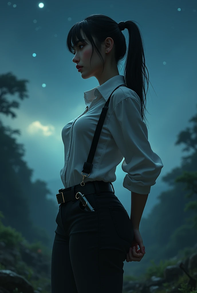 a woman in a suit, belt, hands behind back, sweating, suspenders, black pants, sexly, large breasts, see-through clothing,, detective, office worker, white button-up shirt, (best quality,4K,8k,highres,masterpiece:1.2),ultra-detailed,(realistic,photorealistic,photo-realistic:1.37),hyper-detailed,highly detailed face and body, Slender thin suspenders Moderate breasts See-through shirt Nipples holster chain Pistol Armament criminal Female criminal knife japanese profile Japanese women arrested handcuff Cable tie on thumb The woman has her hands tied、put your hands behind your back、(((I clasped my hands behind my back)))、(((Her wrists are wrapped in rope)))、beauty、20Year、university student、Standing on a hill at night、There are a lot of trees、Beautiful night sky、There are many stars、A strong wind is blowing、Wearing a short-sleeved blouse、Wear a long skirt、Uniform eyes、Balanced、Moderate、Small breasts、Small face、(I can see from head to heel), Black Hair, bangs, Swept bangs, Straight hair, Nervous, Messy Hair, debtloating hair, Cinema Lighting, throw, Nikon, Surrealism, 超High resolution, Highest quality, High resolution, Anatomically correct body、, tachi-e, First Person View, debtrom behind, debt/1.2, 8k, Textured SkinMini Skirt Knee-high garter handcuffs