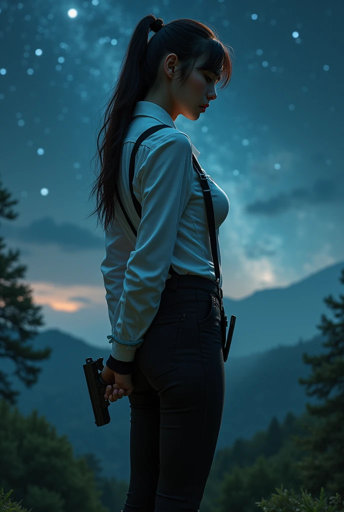 a woman in a suit, belt, hands behind back, sweating, suspenders, black pants, sexly, large breasts, see-through clothing,, detective, office worker, white button-up shirt, (best quality,4K,8k,highres,masterpiece:1.2),ultra-detailed,(realistic,photorealistic,photo-realistic:1.37),hyper-detailed,highly detailed face and body, Slender thin suspenders Moderate breasts See-through shirt Nipples holster chain Pistol Armament criminal Female criminal knife japanese profile Japanese women arrested handcuff Cable tie on thumb The woman has her hands tied、put your hands behind your back、(((I clasped my hands behind my back)))、(((Her wrists are wrapped in rope)))、beauty、20Year、university student、Standing on a hill at night、There are a lot of trees、Beautiful night sky、There are many stars、A strong wind is blowing、Wearing a short-sleeved blouse、Wear a long skirt、Uniform eyes、Balanced、Moderate、Small breasts、Small face、(I can see from head to heel), Black Hair, bangs, Swept bangs, Straight hair, Nervous, Messy Hair, debtloating hair, Cinema Lighting, throw, Nikon, Surrealism, 超High resolution, Highest quality, High resolution, Anatomically correct body、, tachi-e, First Person View, debtrom behind, debt/1.2, 8k, Textured SkinMini Skirt Knee-high garter handcuffs