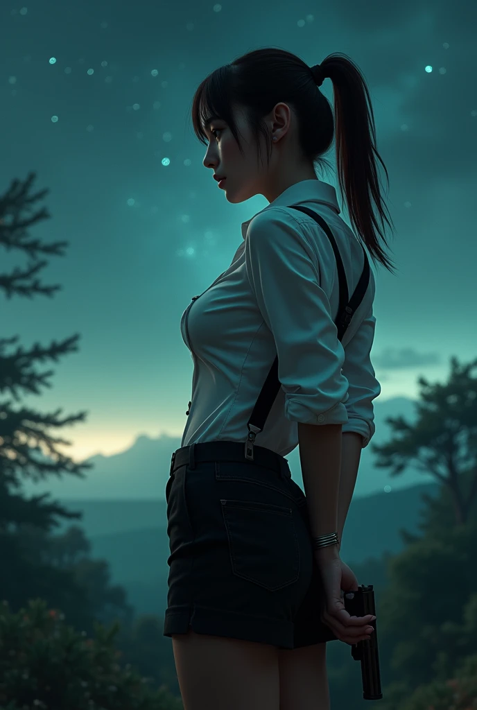 a woman in a suit, belt, hands behind back, sweating, suspenders, black pants, sexly, large breasts, see-through clothing,, detective, office worker, white button-up shirt, (best quality,4K,8k,highres,masterpiece:1.2),ultra-detailed,(realistic,photorealistic,photo-realistic:1.37),hyper-detailed,highly detailed face and body, Slender thin suspenders Moderate breasts See-through shirt Nipples holster chain Pistol Armament criminal Female criminal knife japanese profile Japanese women arrested handcuff Cable tie on thumb The woman has her hands tied、put your hands behind your back、(((I clasped my hands behind my back)))、(((Her wrists are wrapped in rope)))、beauty、20Year、university student、Standing on a hill at night、There are a lot of trees、Beautiful night sky、There are many stars、A strong wind is blowing、Wearing a short-sleeved blouse、Wear a long skirt、Uniform eyes、Balanced、Moderate、Small breasts、Small face、(I can see from head to heel), Black Hair, bangs, Swept bangs, Straight hair, Nervous, Messy Hair, debtloating hair, Cinema Lighting, throw, Nikon, Surrealism, 超High resolution, Highest quality, High resolution, Anatomically correct body、, tachi-e, First Person View, debtrom behind, debt/1.2, 8k, Textured SkinMini Skirt Knee-high garter handcuffs