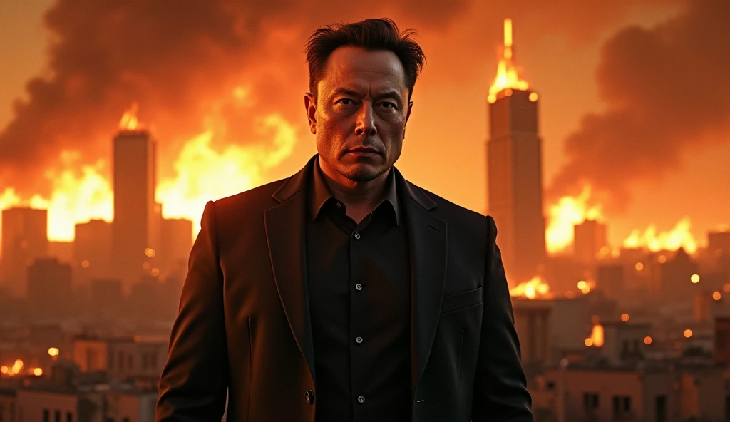 Create a visually striking image of Elon Musk with California city burning in the background. Photo realistic