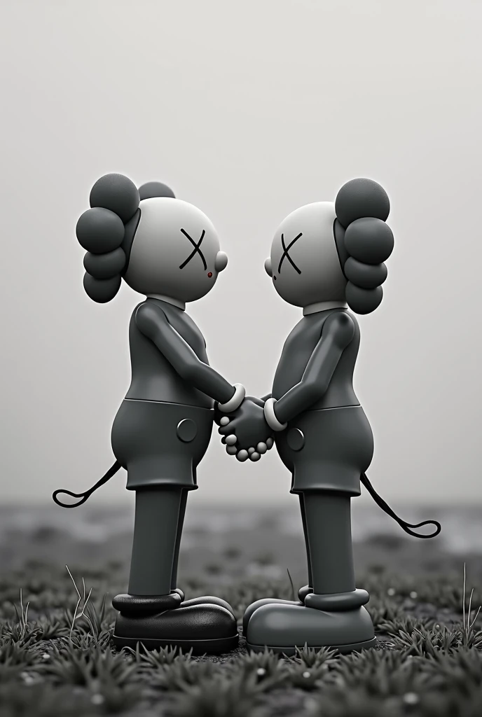 er realistic white and black kaws in distance hold the hand each other in love
