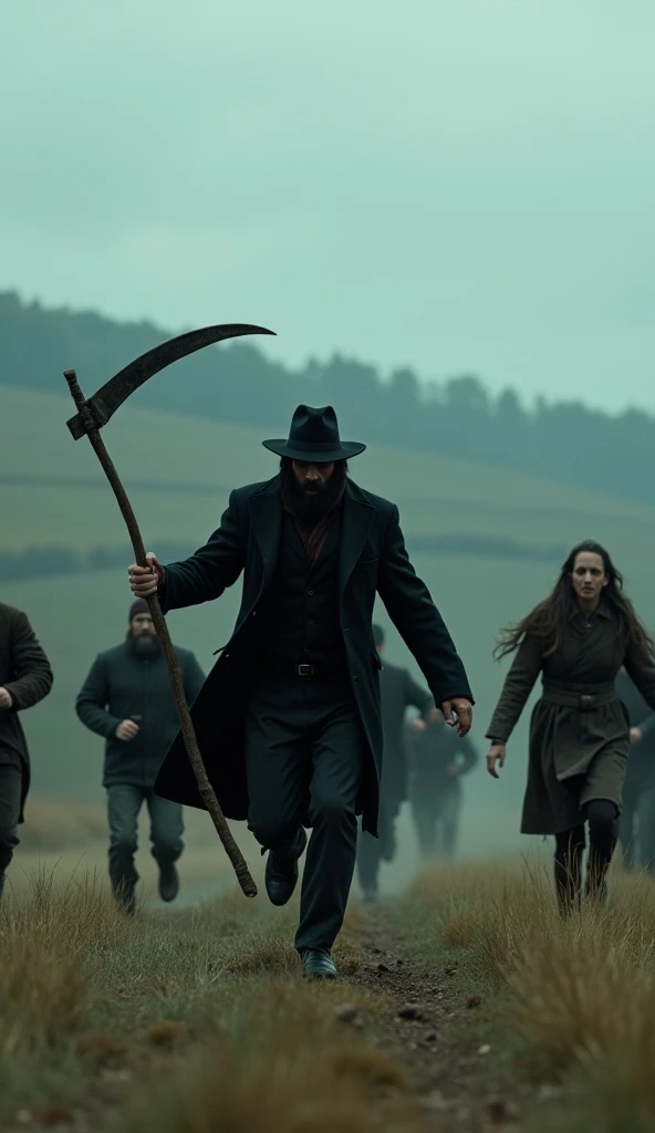 ```Group of people running away from a farmer dressed in black coat and hat holding a scythe cinematic realistic 8k quality short in movie camera