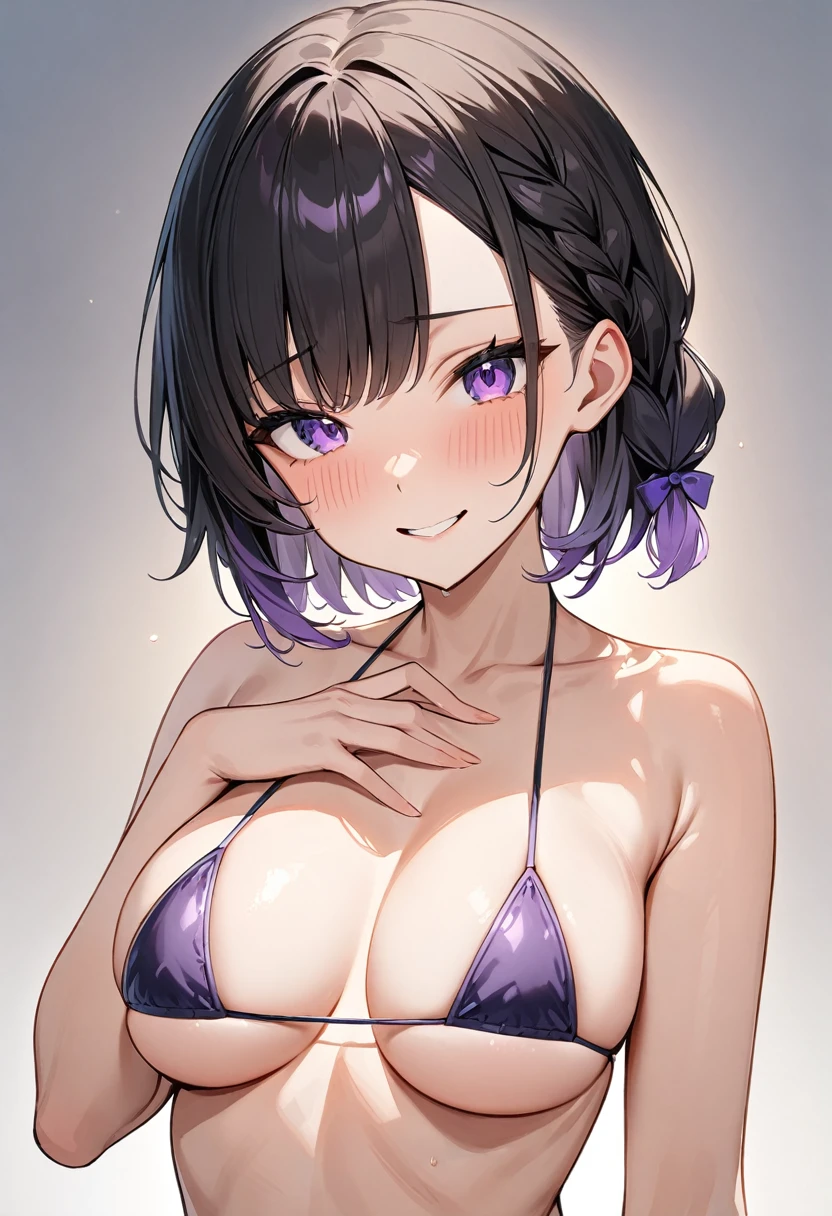 (masterpiece, top quality, very aesthetic, 4k、illustration), ()、intricate detail, 1woman,solo,contrapposto 、(gradient eyes、tareme)、very short hair、parted bangs,Fair skin,(upper body)、beautiful women、(Poses that accentuate the chest)、(micro bikini),forced smile、(gradient hair)、(braid light black hair)、sidelock ,,purple eyes、embarrassed、medium breasts、slender 、