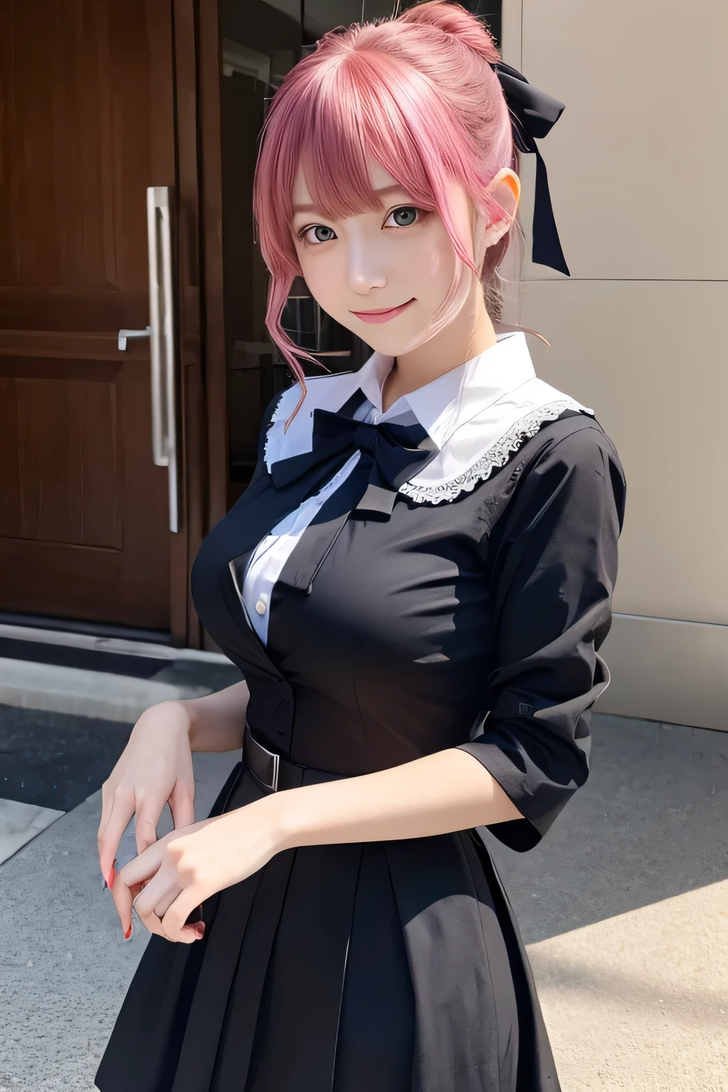 fujiwara chika,kaguya-sama wa kokurasetai ~tensai-tachi no renai zunousen~,pink hair,blue eyes,long hair,blunt bangs,tareme,large breasts,shuuchiin academy school uniform,black dress,collared dress,neck ribbon,long sleeves,solo,smile, large breasts, best quality,