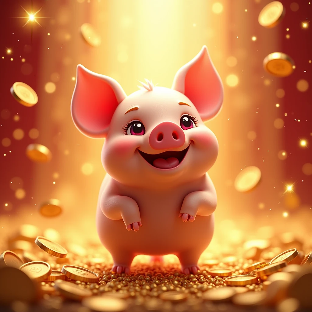In the lively scene of New Year,Zodiac Pig with a happy smile,Gold sparkles all around,Gold coins rain down from the sky,Create a festive and prosperous atmosphere。