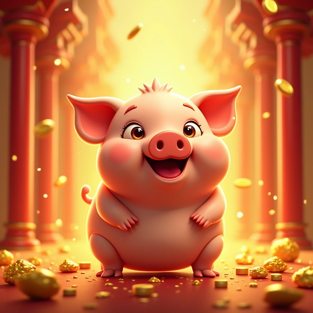 In the lively scene of New Year，Zodiac Pig with a happy smile，Gold sparkles all around，Gold coins rain down from the sky，Create a festive and prosperous atmosphere。