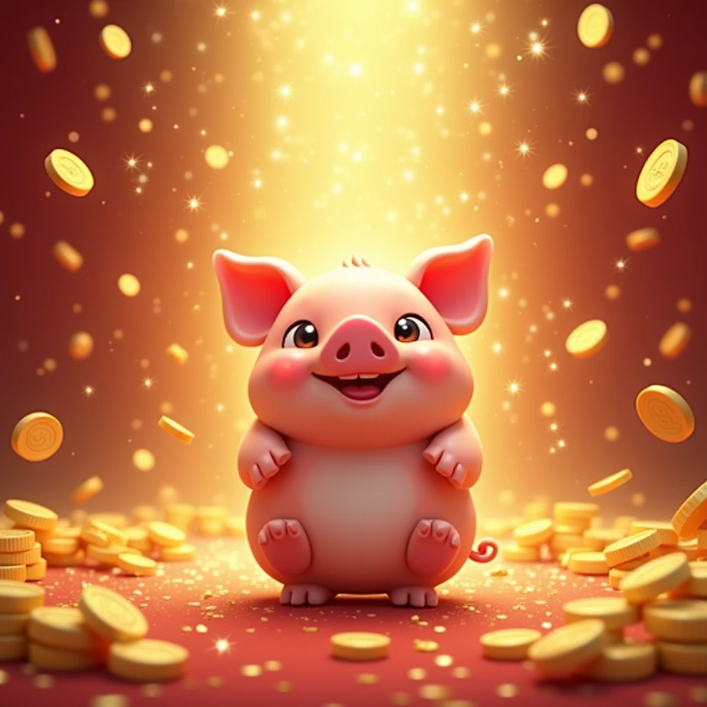 In the lively scene of New Year,Zodiac Pig with a happy smile,Gold sparkles all around,Gold coins rain down from the sky,Create a festive and prosperous atmosphere。