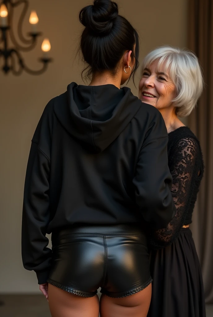 black woman hair in a bun black hoodie black leather short shorts being fucked in the ass by a old grandma in a dress