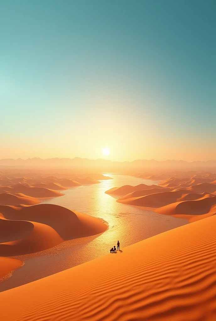 A scene depicting the illusion of water or a city in the distance due to a mirage. The air shimmers with heat, creating a distorted view of what looks like a lake or buildings, but on closer inspection, it’s just more sand dunes