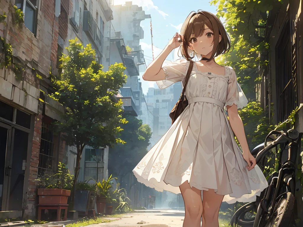 (masterpiece:1.2), best quality, highres, original, (extremely detailed:1.2), ultra-detailed, wallpaper, perfect lighting,(extremely detailed CG:1.2), 8k, anime illustration, 1boy, solo, crossdressing, (brown hair, Bob hairstyle,haircut:1.1), (white knee-length dress, summer dress, pleated dress, short sleeves, lace hemline, delicate dress, flat chest:1.2), walking in urban ruins, (urban ruins filled with natural vibes:1.2), (anatomically correct:1.5), full body, (cityscape background:0.8), overgrown plants, crumbling buildings, sunlight filtering through trees, peaceful expression, sunny