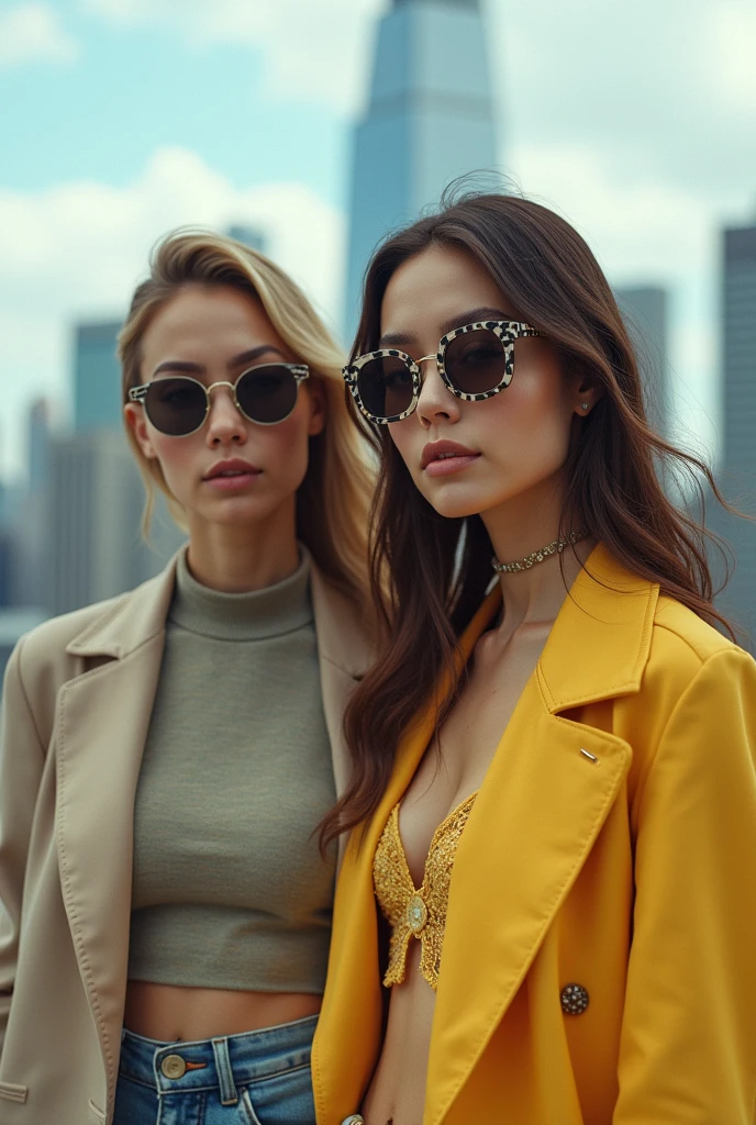 Color photo of a 2 woman wearing cooling glasses, casual attire, mobile photograph against a modern city backdrop, natural and realistic portrait capturing her style, camera settings: iPhone 12 Pro, VSCO Cam app, portrait mode, outdoor lighting, directors: Sofia Coppola, Guillermo del Toro, cinematographers: Ellen Kuras, Emmanuel Lubezki, photographers: Cindy Sherman, Mario Sorrenti, fashion designers: Chanel, Gucci