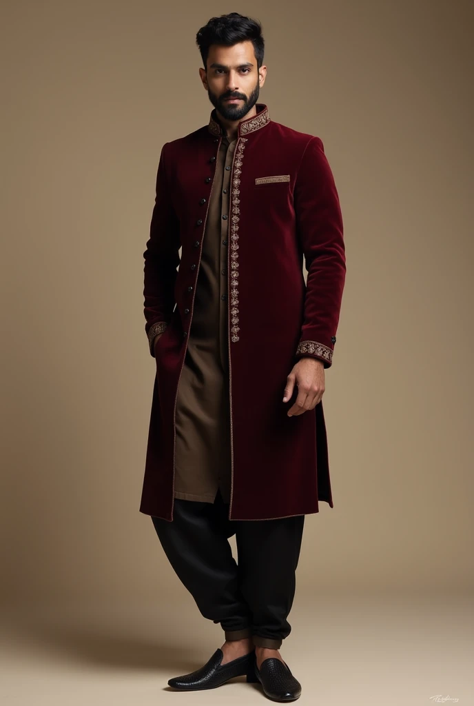 To design a minimalist yet royal and elegant Indian groom outfit in black, maroon, and coffee brown, here’s a concept:
### **Outfit Description:**
1. **Sherwani:**
- **Color:** Deep maroon.
- **Fabric:** Luxurious silk or velvet for a rich feel.
- **Design:** A straight-cut, knee-length sherwani with a minimalist approach. Subtle embroidery in black thread along the collar, cuffs, and front placket. The embroidery should have geometric or floral motifs, staying understated yet sophisticated.
- **Buttons:** Black, handcrafted buttons with a matte finish, adding a modern touch to the traditional attire.
2. **Inner Kurta:**
- **Color:** Coffee brown.
- **Fabric:** Lightweight silk or cotton-silk blend.
- **Design:** A simple, collarless kurta with a slightly longer hemline that peeks out from under the sherwani, adding depth to the outfit.
3. **Churidar Pants:**
- **Color:** Black.
- **Fabric:** Stretchable cotton-silk blend for comfort.
- **Design:** Fitted churidar that complements the regal look without overpowering the sherwani.
4. **Footwear:**
- **Style:** Traditional juttis or mojaris.
- **Color:** Black with maroon detailing or maroon with black detailing.
- **Design:** Subtle embroidery or patterns that match the sherwani’s design.
5. **Accessories:**
- **Turban:** A maroon turban with a black or coffee brown border. You can add a minimalist brooch or pin in gold or silver with a black stone for a touch of elegance.
- **Pocket Square:** A pocket square in coffee brown silk, neatly folded, peeking out of the sherwani’s chest pocket.
- **Watch:** A sleek, black or coffee brown leather-strap watch with a minimalistic design, adding a modern touch to the traditional ensemble.
6. **Beard Grooming:**
- A well-groomed beard, neatly trimmed and shaped to maintain a clean and royal appearance, enhancing the overall look.
### **Summary:**
This outfit is designed to be elegant and royal, while still being minimal